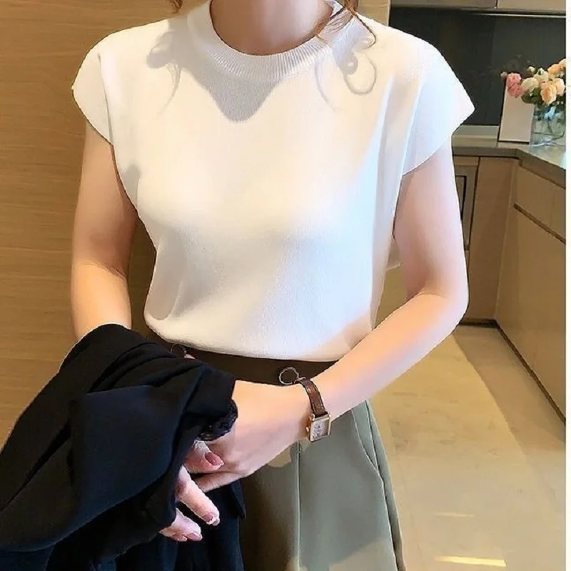 Frauen Sommer Pullover Koreanische Mode Stil Gestrickte T-stück Casual O Hals Einfarbig Neue in Dünne Weibliche Pullover Top Kleidung