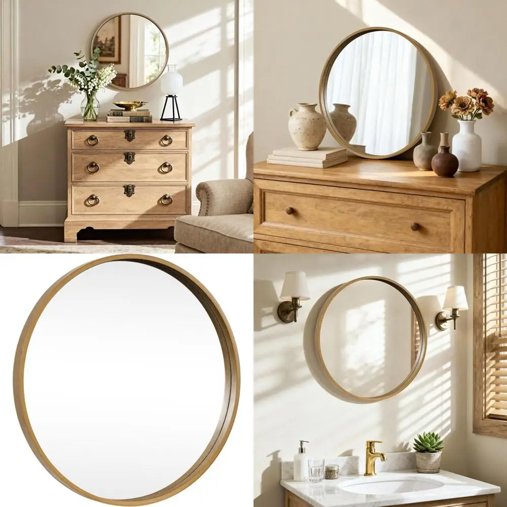 

24 Inch Circular Wood Wall Mirror for Home Decor: Perfect for Bathroom, Vanity, Entryway & Living Spaces