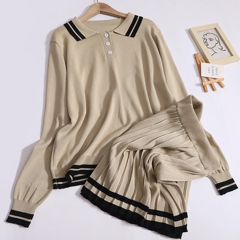 Women New Preppy Style Fall Winter Knit Set Contrast Color Polo Collar Long Sleeved Top and High Waist Pleated Skirt Sports Suit