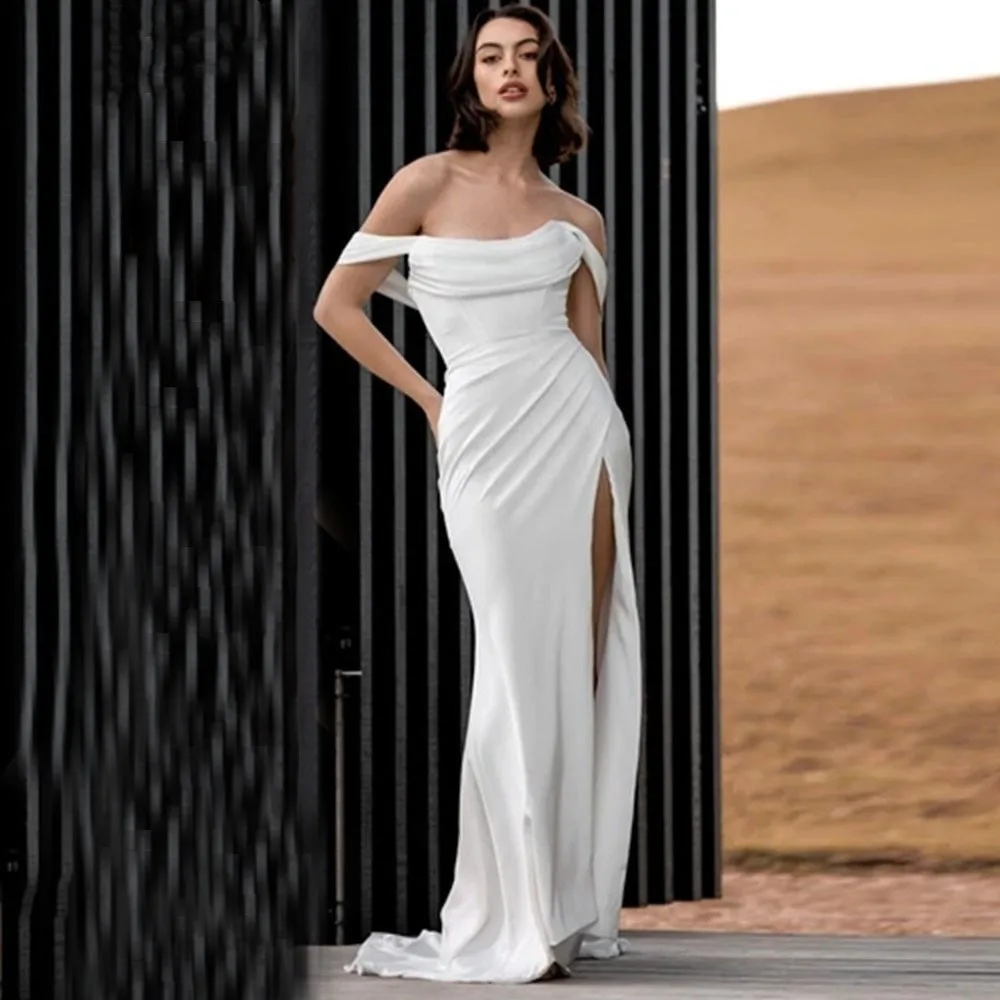 Vestido de novia de sirena de satén suave, sencillo, con hombros descubiertos, Sexy, para boda, Raja lateral alta, personalizado, 2023