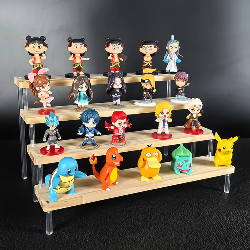 1-5 Tier Wood Minifigures Display Risers Shelf,Acrylic Display Stand for Amiibo Funko POP Figures,Collectibles,Minifigure,Doll