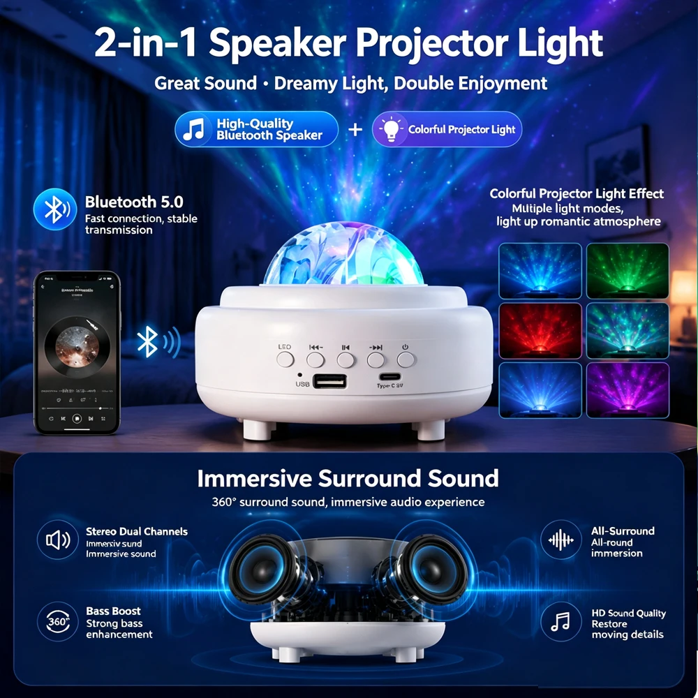 Smart Night Light Starry Sky Projector USB Bluetooth Speaker Projection Light Galaxy Projector Atmosphere Light Gift Room Decor