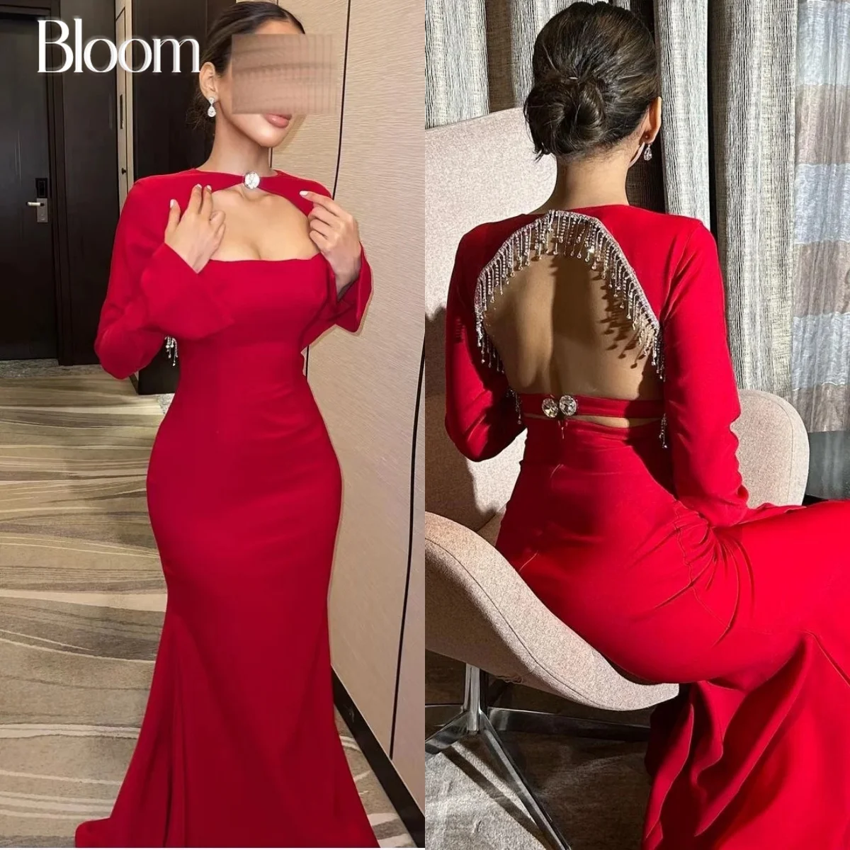 

Bloom Red Cut-Out Evening Dresses Sexy Backless Shiny Tassels Long Sleeves Mermaid Party Dresses For Prom vestidos de festa