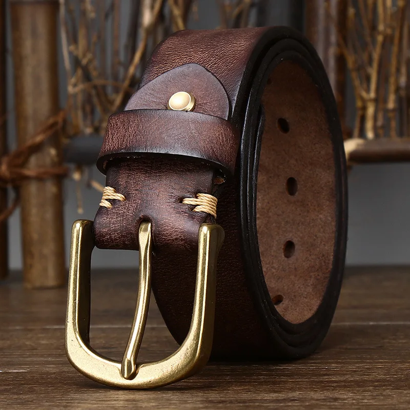 

Vintage Cowhide Belt with 3.8CM Wide Copper Buckle for Men