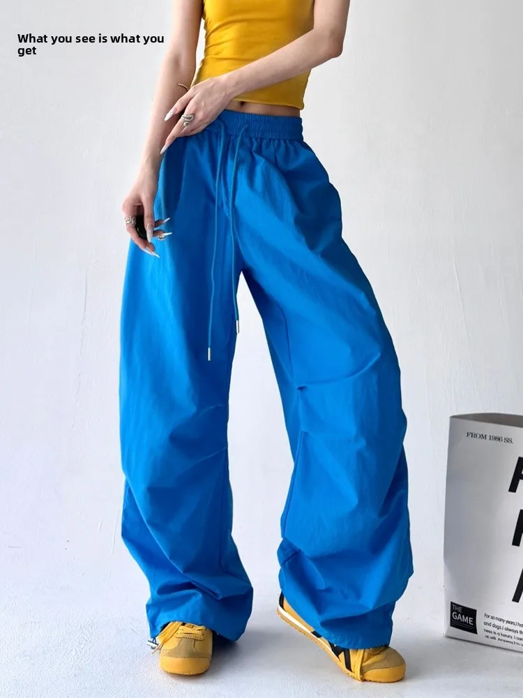 Spodnie damskie na wiosnę i lato 2025, szerokie nogawki, luźne, w stylu hip-hop, spodnie spadochronowe, retro, plisowane, proste, codzienne.