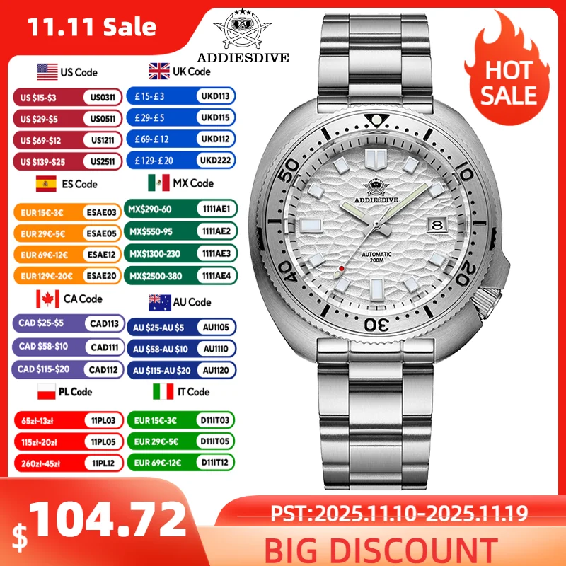 

ADDIESDIVE Men's Mechanical Watch Waterproof Sapphire Glass Super Luminous 316L Stainless Steel Wristwatch Automatic Men Watch