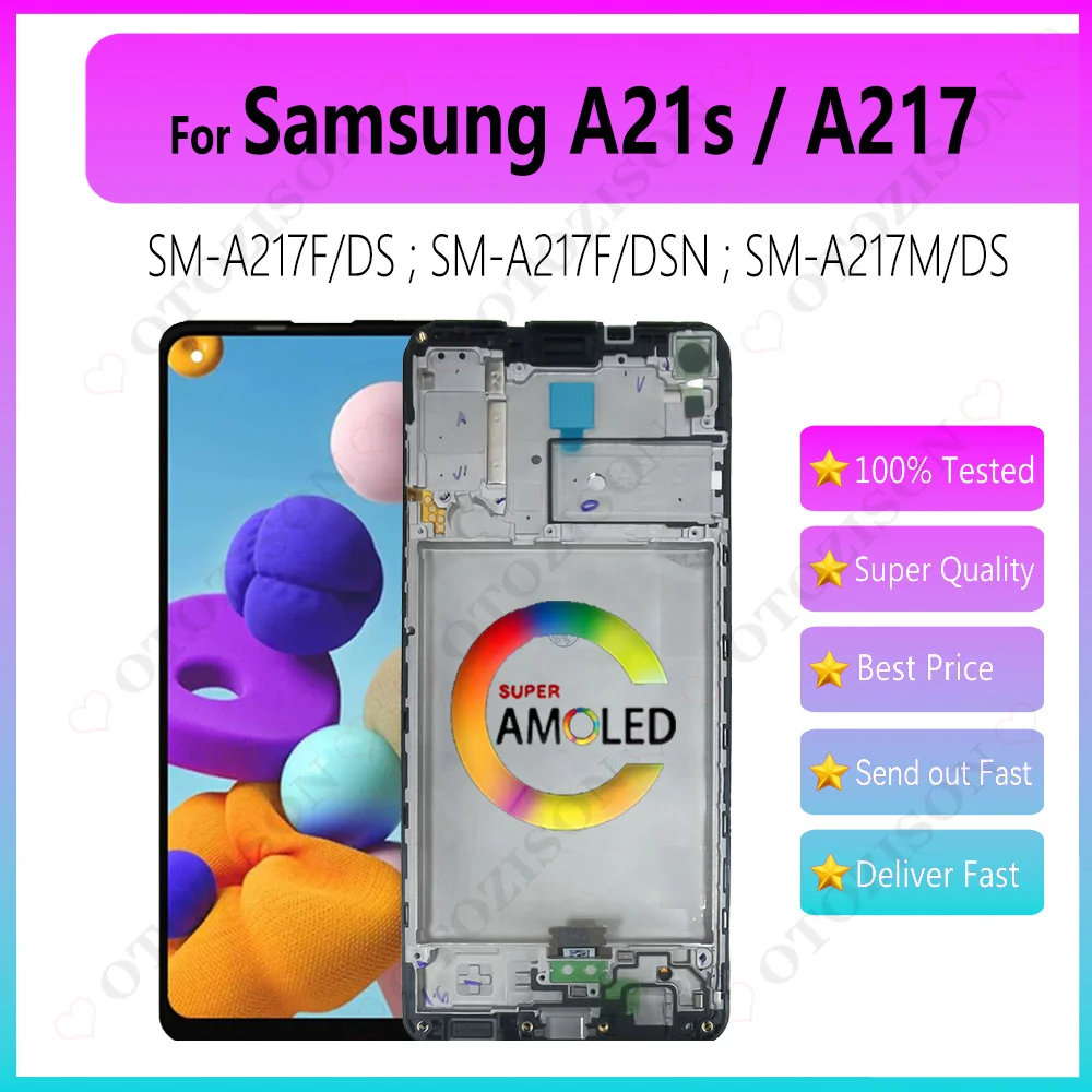 AMOLED для Samsung Galaxy A21s ЖК-дисплей с рамкой A217 экран SM-A217F/DS SM-A217F/DSN SM-A217M ЖК-дисплей с сенсорным дигитайзером в сборе