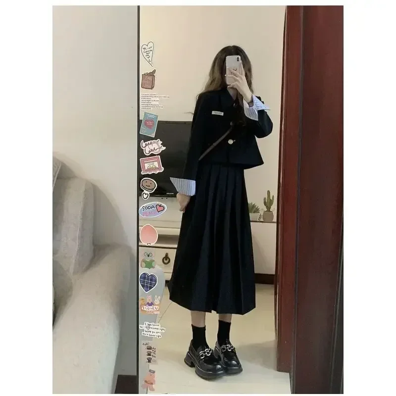 2023 Autumn Fashion Black Long Sleeved Suit Cardigan Jacket A-line Skirt 2pcs Women Korean Jk School Uniform Graduation Gown