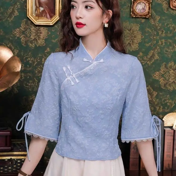 Camisa vintage de chinoiserie para mujer, camisa azul con botones, cuello levantado, Media manga, versátil, a la moda, top cheongsam, novedad de