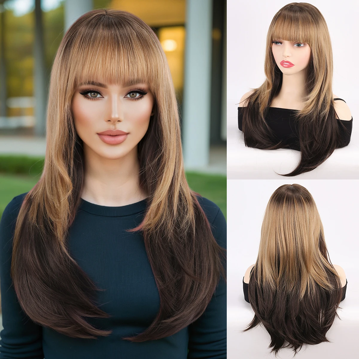 

European and American full-head wig, brownish-black, straight bangs, long straight hair Synthetic fiber wig