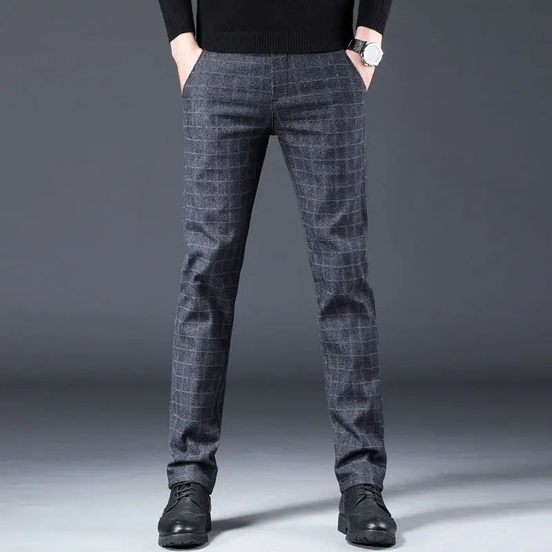 Streetwear Fashion Men Striped Plaid Suit Pants Spring Autumn New Korean Big Size Business Casual Grey Straight Slim Trousers 38