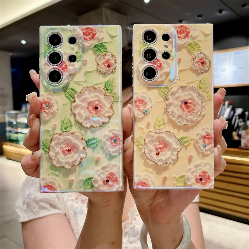 

Fashion Oil Painting Flower Phone Case For Samsung Galaxy S24 Ultra S23 Plus S22 Cover with Lens Protector Silicone Cute Cases