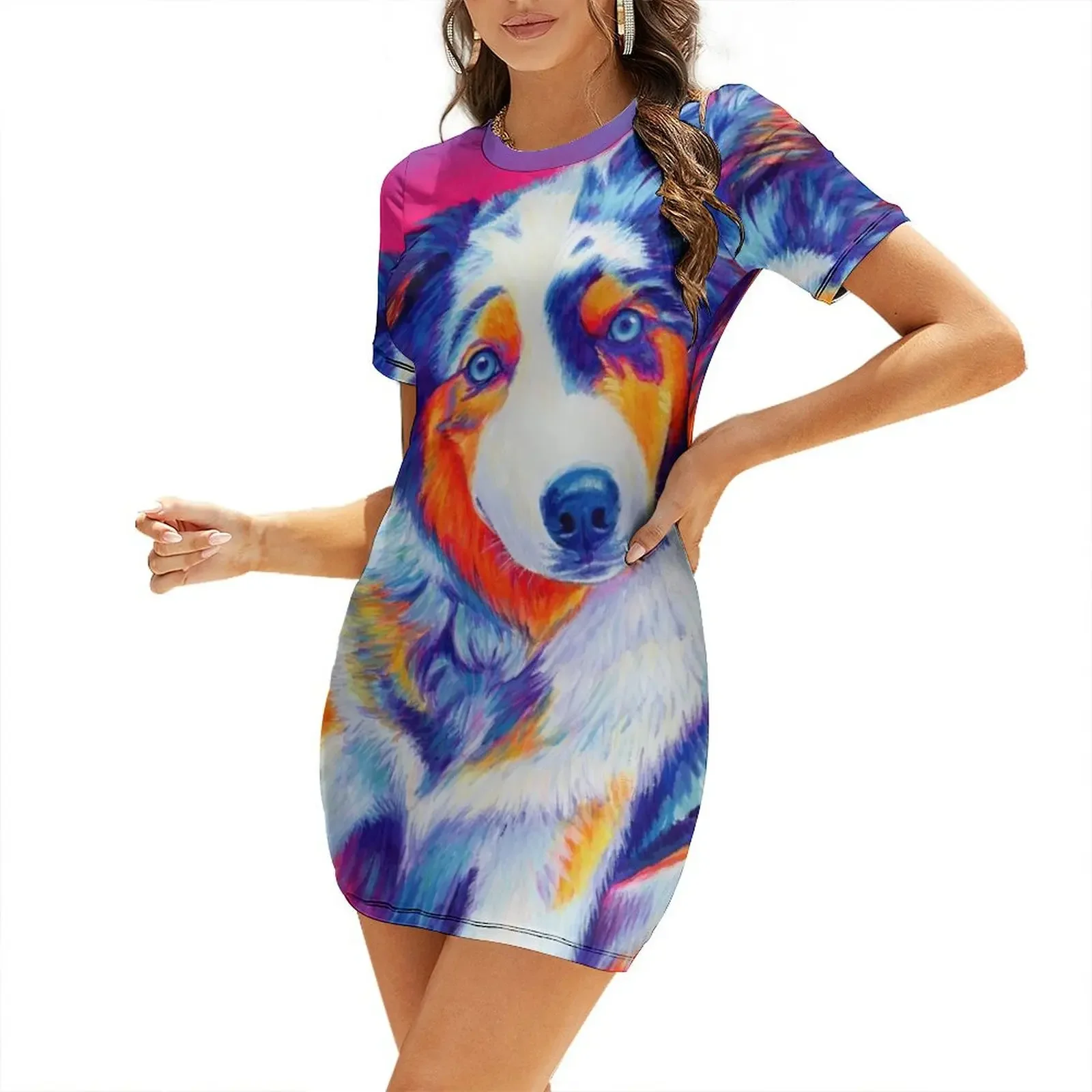 Vestido de manga corta con estampado de cachorro de pastor australiano Lexi the Blue Merle, vestidos de verano para mujer, vestidos de fiesta para mujer