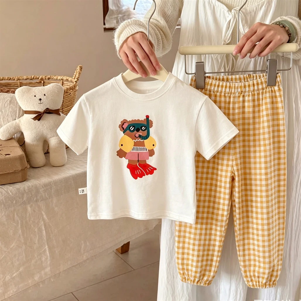 Cartoon Tshirt +Pants Two Piece Set Summer Clothing Short-sleeved Outfits Cute Printed Tees Plaid Pants Children Fashion Wear
