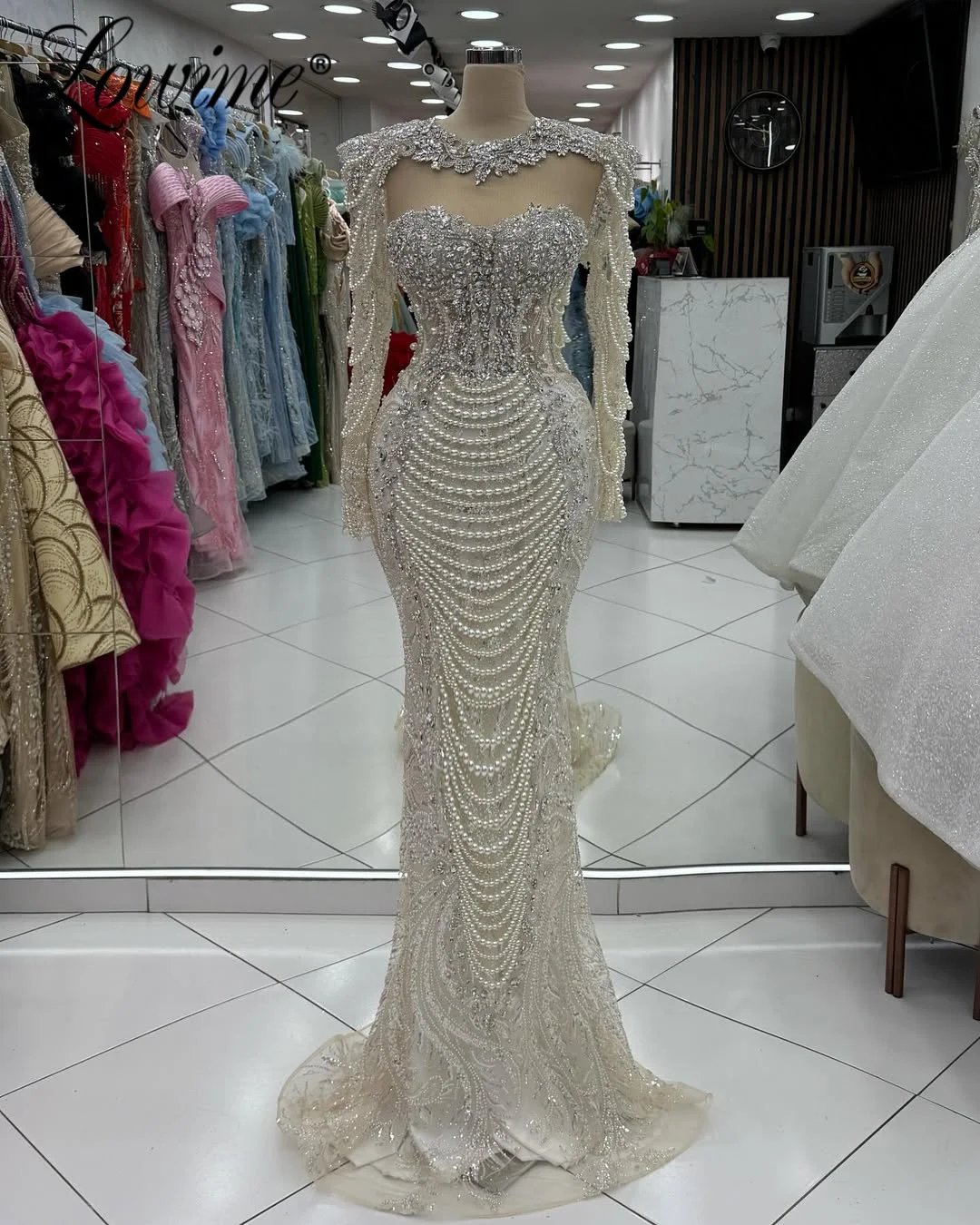 

Платье для выпускного вечера с жемчугом и бисером, с длинными рукавами, индивидуальные арабские вечерние платья в Дубае, 2021, халат с кристаллами русалки, вечерние платья для помолвки