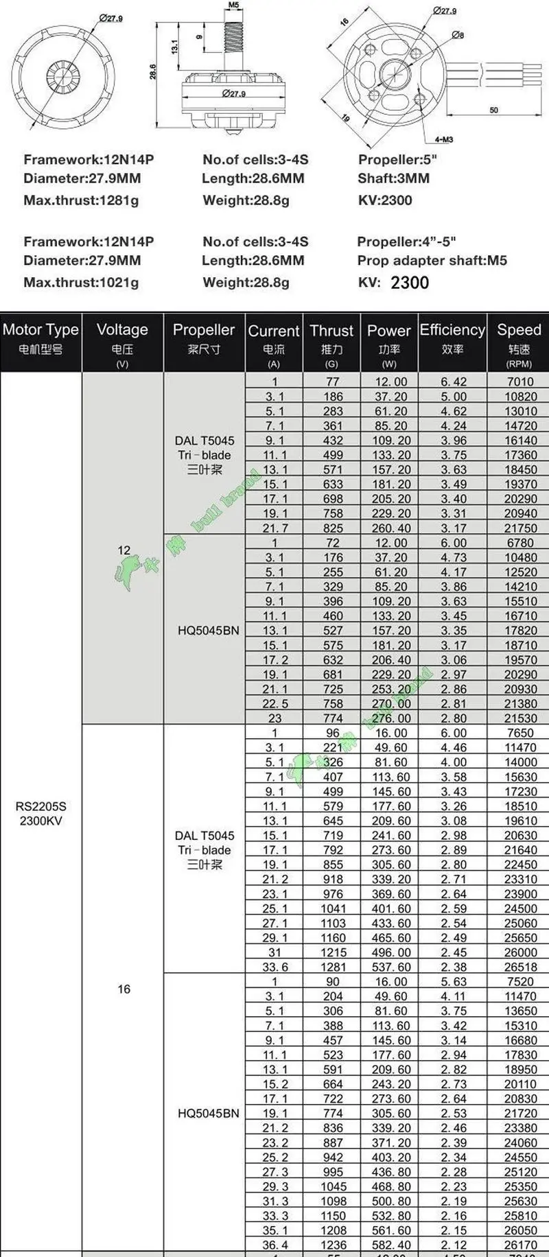Motor Brushless Bull Brand Rs2205 2300kv para Drone de Corrida FPV Classe 250 Quadcopter Multicopter Ccw/Cw Potência Violenta 3.5mm
