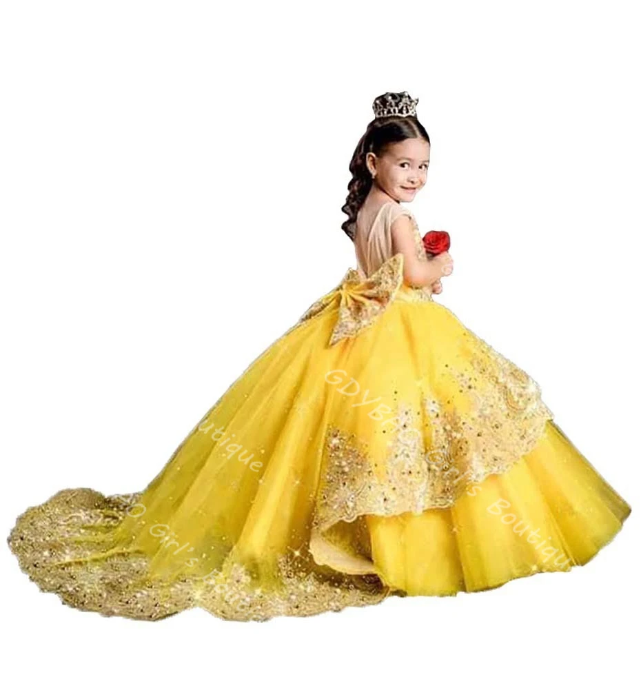 Girls Princess Pageant Dress Beaded Applique Tulle Flower Girl Dress for Wedding Customized Kids Birthday Party Gown With Train