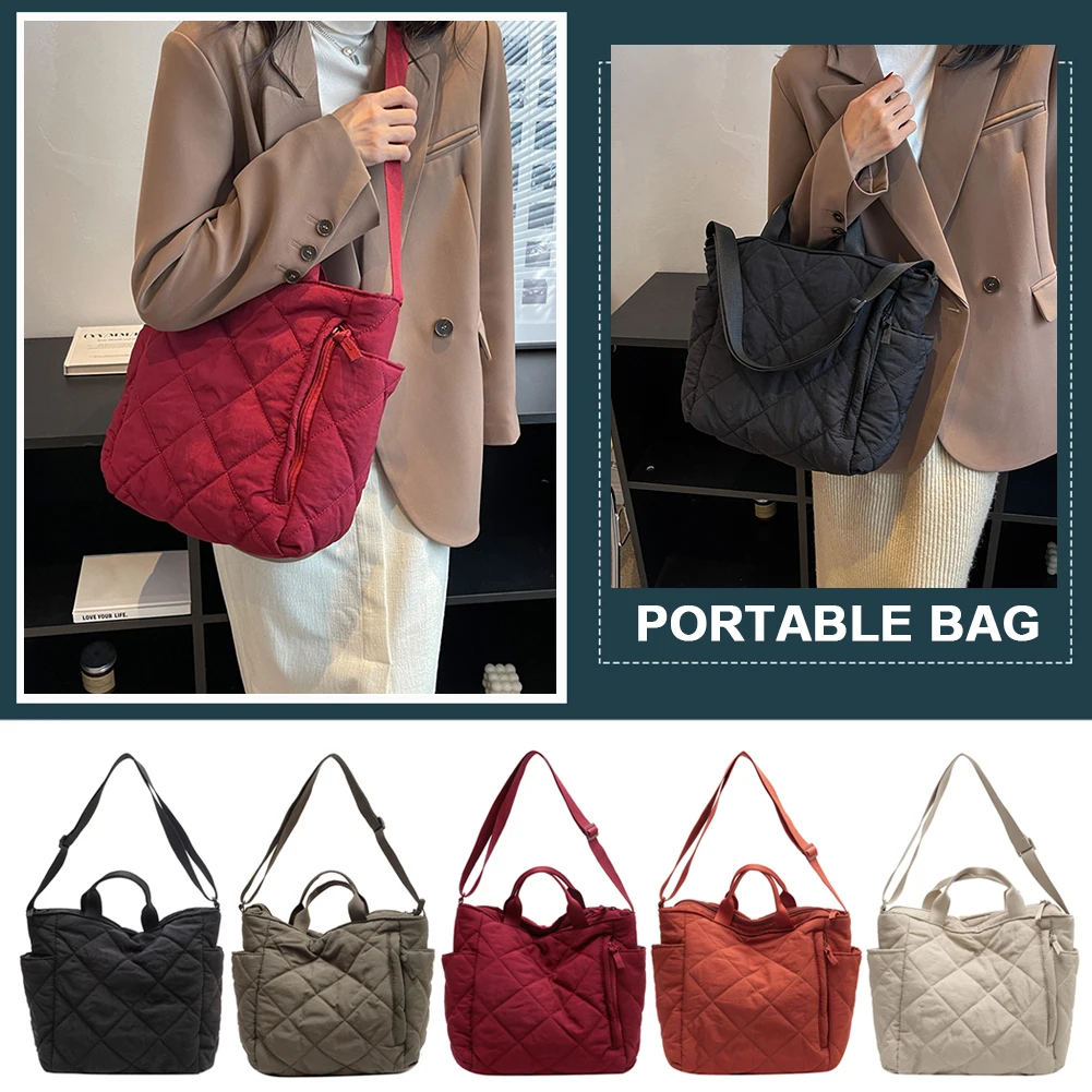 

Autumn Winter Top-handle Bag Large Capacity Quilted Messenger Bag Rhombic Lattice Solid Color Casual Fashion for Street Shopping