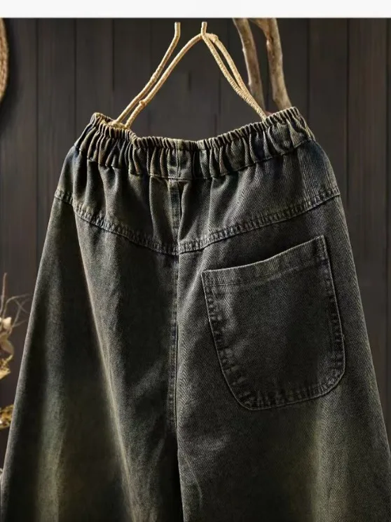 Grande taille femmes artistique rétro Patchwork Waed Denim neuf pièces pantalon vêtements de travail amples taille élastique épissage lanterne pantalon