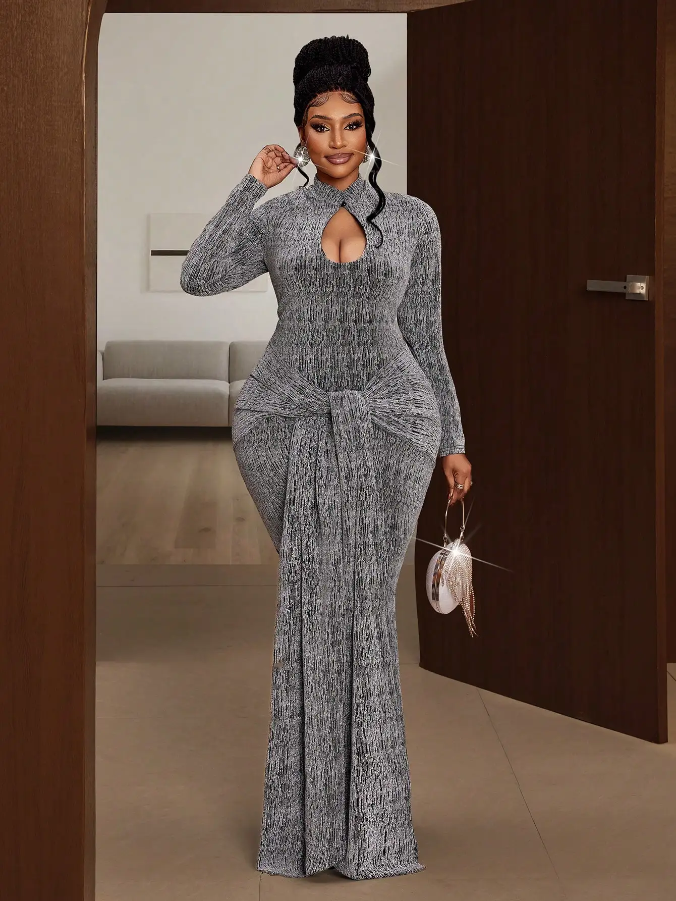 Vestido de Talla Grande con Mangas Largas, Nudo Frontal y Cola de Pez, con Escote Redondo, para Otoño, Invierno y San Valentín