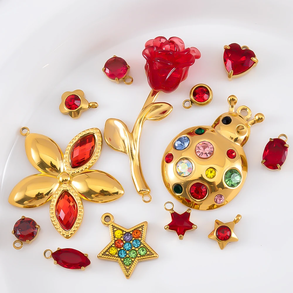 

2/5pcs Stainless Steel Zircon Flower Ladybug Pendant Red Color Crystal Charms for DIY Jewelry Making Bracelet Accessories Crafts