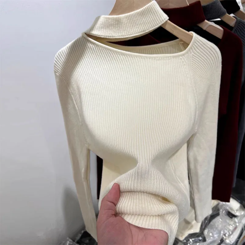 الخريف الكورية نمط سترة المرأة البلوز القمم قبالة الكتف طويلة الأكمام محبوك البلوزات الإناث لاعبا الصلبة الأساسية سترة