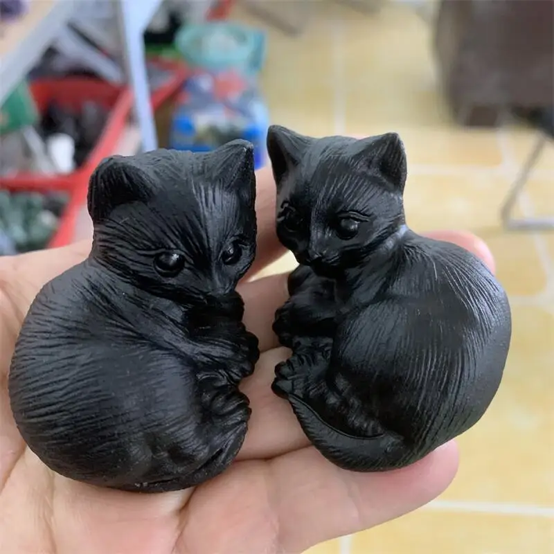 

Natural Crystal Carved Cat Obsidian Stone Animal Healing Crystals Figurine Hallowen Decor Feng Shui Reiki Gift 1pcs