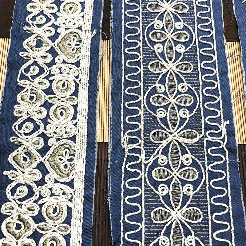 Embroidery Denim Fabric with Sequins Lace, Sewing Trim Ribbon, Ethnic Tribal, Nepal, Thai, India, Boho, Gypsy, DIY Decoration, 1