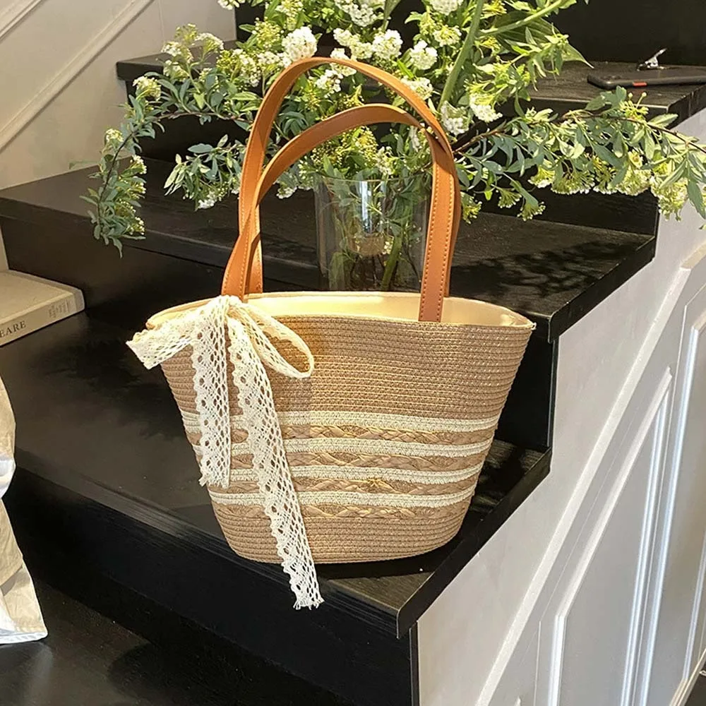 

Trendy Sweet Woven Tote Bag Breathable Silk Ribbon Stripe Straw Handbag Khaki Beige Summer Beach Bag Spring