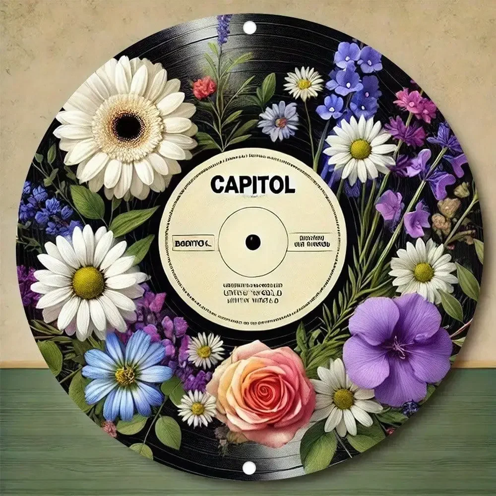 Vintage Blumenmuster Capitol Vinyl-Schallplatten-Metallschild, 2D Flachdruck Retro Wildflower LP Wandkunst, Boho Musik & Blumen Deko Blechschild