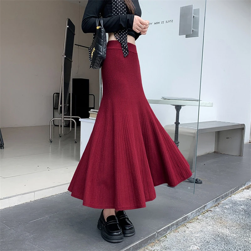 

Винтажные осенние длинные юбки для женщин, вязаная юбка-труба с оборками, Falda, сексуальная элегантная эластичная юбка с высокой талией