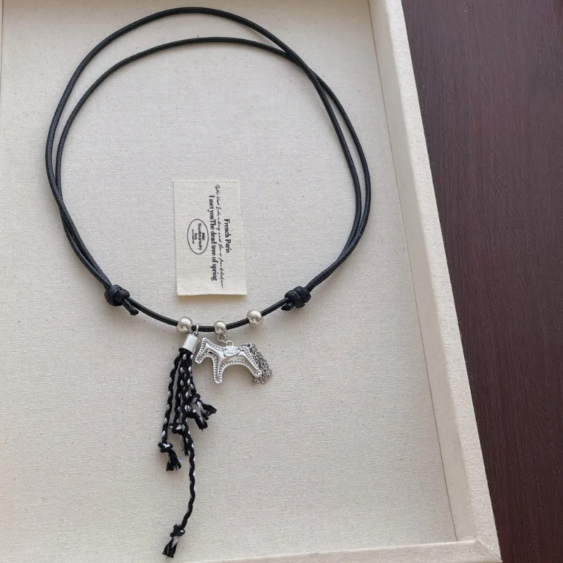 

Minar Retro Braid Chain Tassel Metal Cartoon Horse Pendant Necklaces Long Adjustable Wax Rope Sweater Chain Chokers for Women