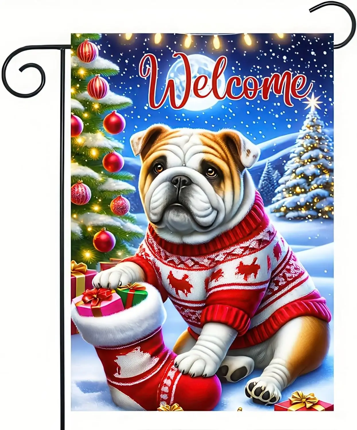 Christmas Bulldog Garden Flag 12x18 Inch Double Sided Holiday Dog with Stocking Winter Scene Small Outdoor Yard Flag Seasona GGO