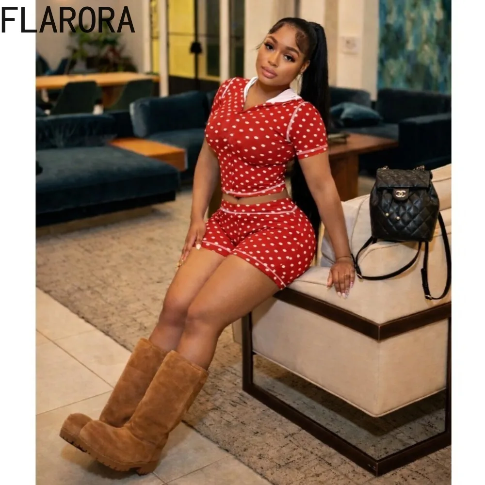 

FLARORA Fashion Polka Dot Print 2 Piece Sets Woman Contrast Short Sleeve Hooded Crop Jackets And Skinny Shorts Female Streetwear