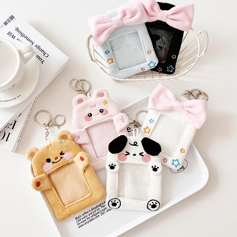 Creative Plush Photocard Holder Cute Plush Bow Bear Rabbit Dog Photo Card Holder Keychain Sweet Cartoon Card Protector Case