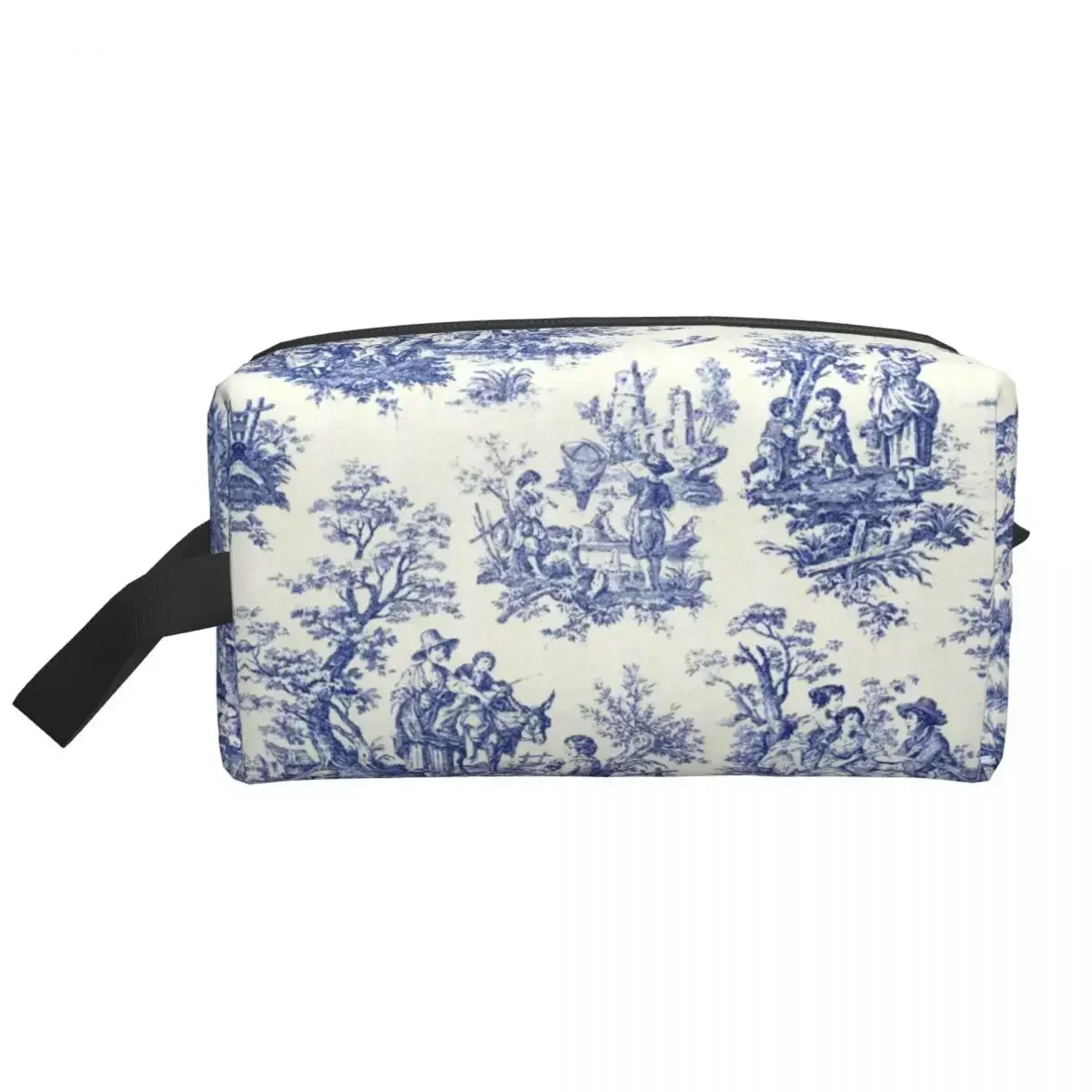 French Navy Blue Toile De Jouy Motif Pattern Travel Cosmetic Bag for Art Makeup Toiletry Organizer Lady Beauty Storage Dopp Kit