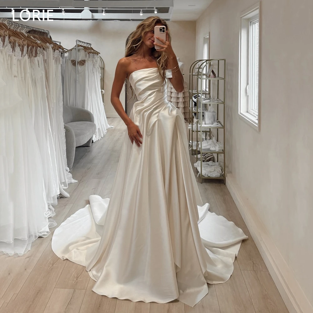 

LORIE Chic Satin Wedding Dresses Pleats Off The Shoulder Bride Prom Gown Draped Side Slit A-Line Bridal Gowns Customized