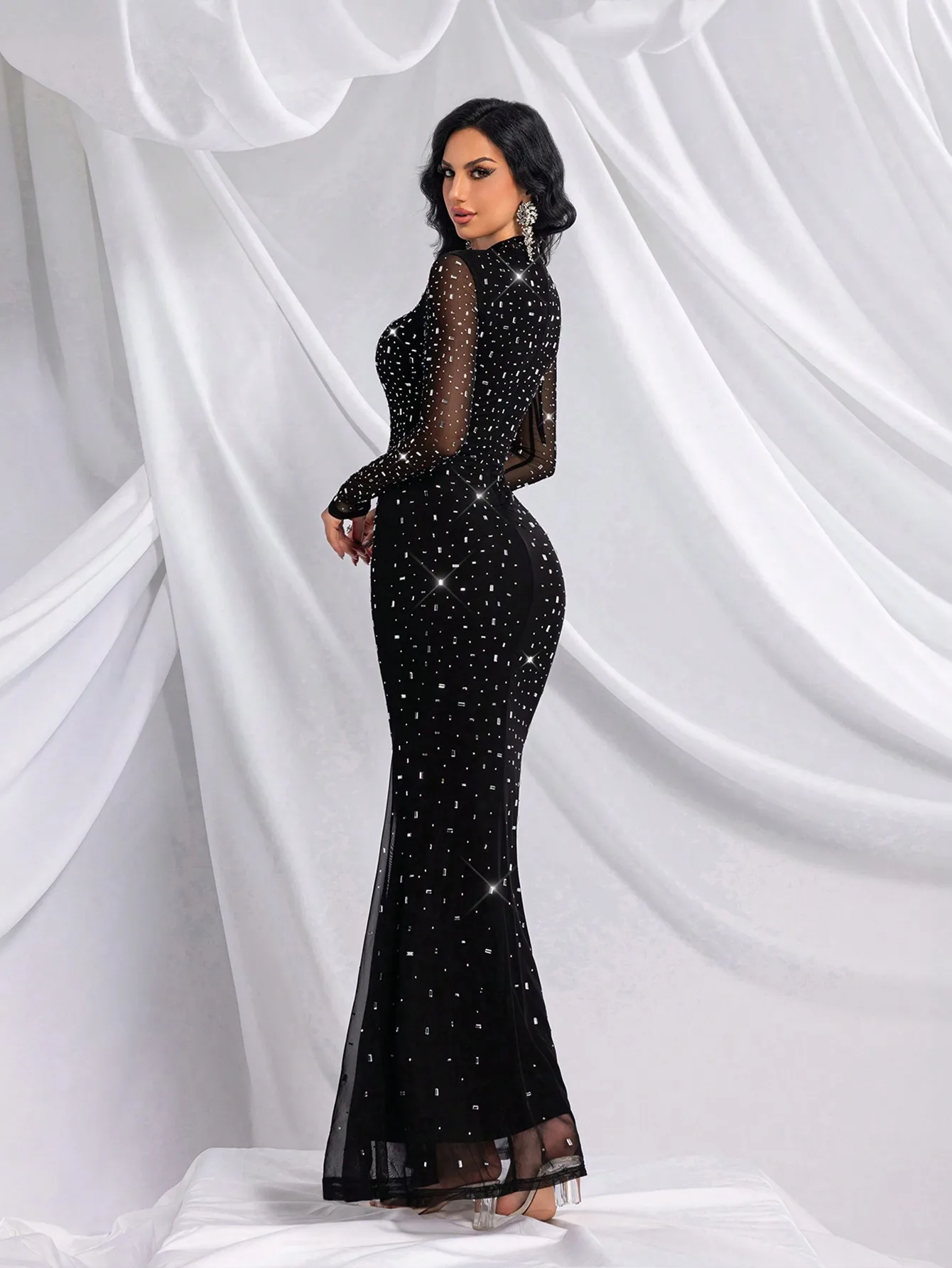 Sparkly Crystal Embellished Long Sleeve Fishtail Evening Dress Women Long Evening Gown Party Prom Cocktail Maxi Dress Vestido