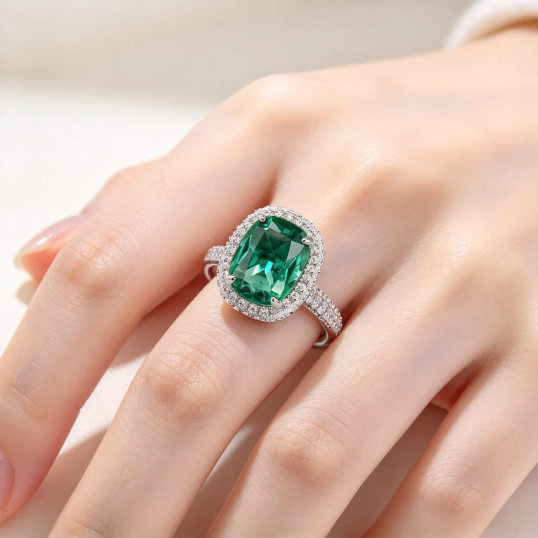 925 Sterling Silver Light Luxury Emerald Ring, Cushion-shaped Simulated Emerald with Surrounding Diamonds Band, Women's Jewelry
