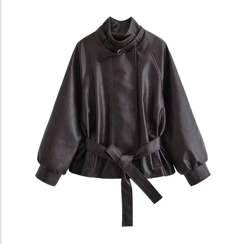 2026 Herbst Winter Damen Hochgeschlossene Kunstlederjacke Langarm mit Gürtel Vintage Streetwear Lässiger Damen-Oberbekleidungsmantel – Detail 3