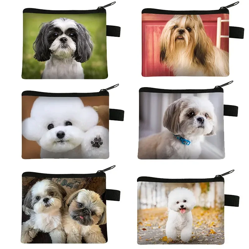 Kawaii Shih Tzu Dog / Bichon Frise Print Coin Purse Women Coin Bags Earphone ID Credit Card Key Bag Holder Small Wallets Gift