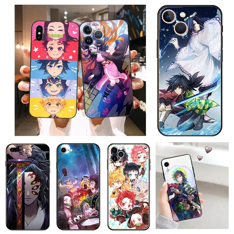 

Silicone Soft Phone Case for iphone 16Plus 15 14 13 12 11 16 Pro Max Mini XR SE 7 8 Demon Slayer Kimetsu No Yaiba Black Cover