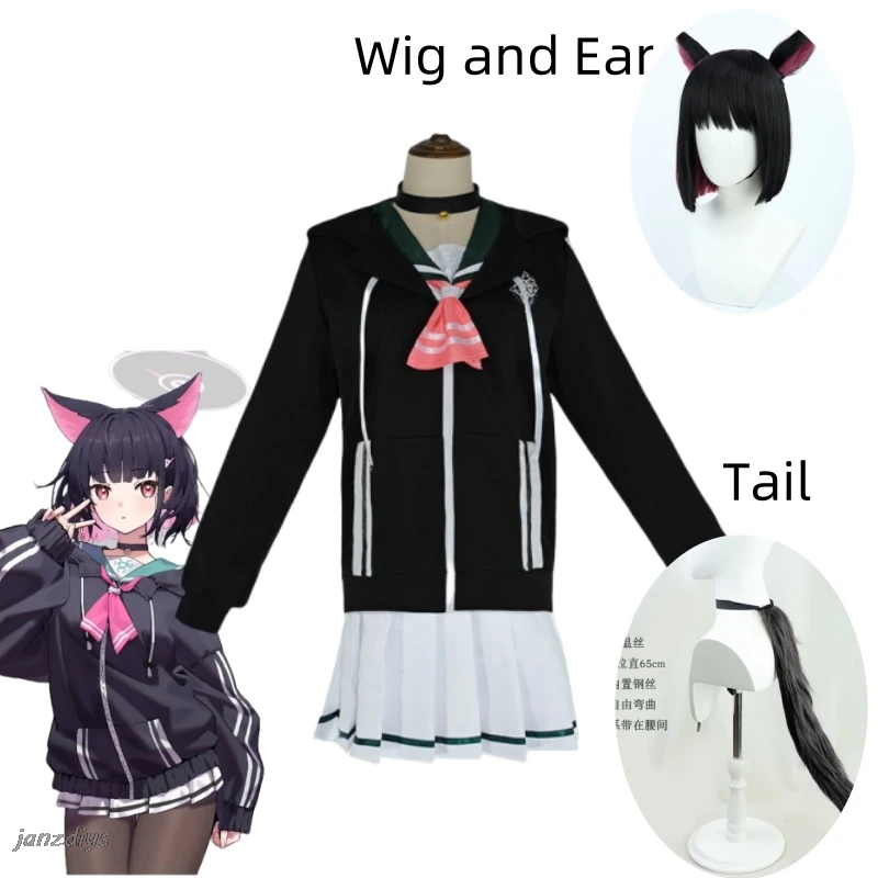 Anime Blue Archive Kyoyama Kazusa Cosplay Costume For Women XS-XXXL Girl Black Hoodie Sailor Suits Skirt Pink Bow-Tie Halloween