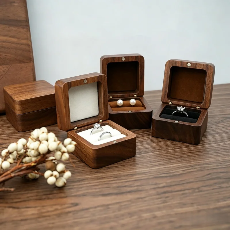 Small Natural Walnut Ring Box Single/Double Ring Storage &Display Holder for Proposal Wedding Ring with Window/No-Window Options