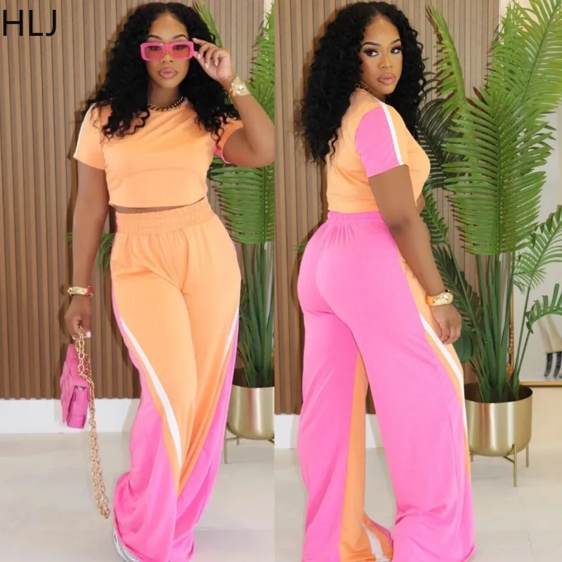 

HLJ Fashion 2 Pieces Set for Woman Color Block Short Sleeve Crop Top and Tassels Patchwork Pants Female Streetwear Clothing New