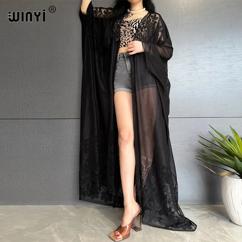 WINYI Kimono model baru untuk wanita, pakaian pantai kardigan Afrika kerawang seksi elegan, penutup pantai, gaun monowarna, pakaian mode musim panas untuk wanita