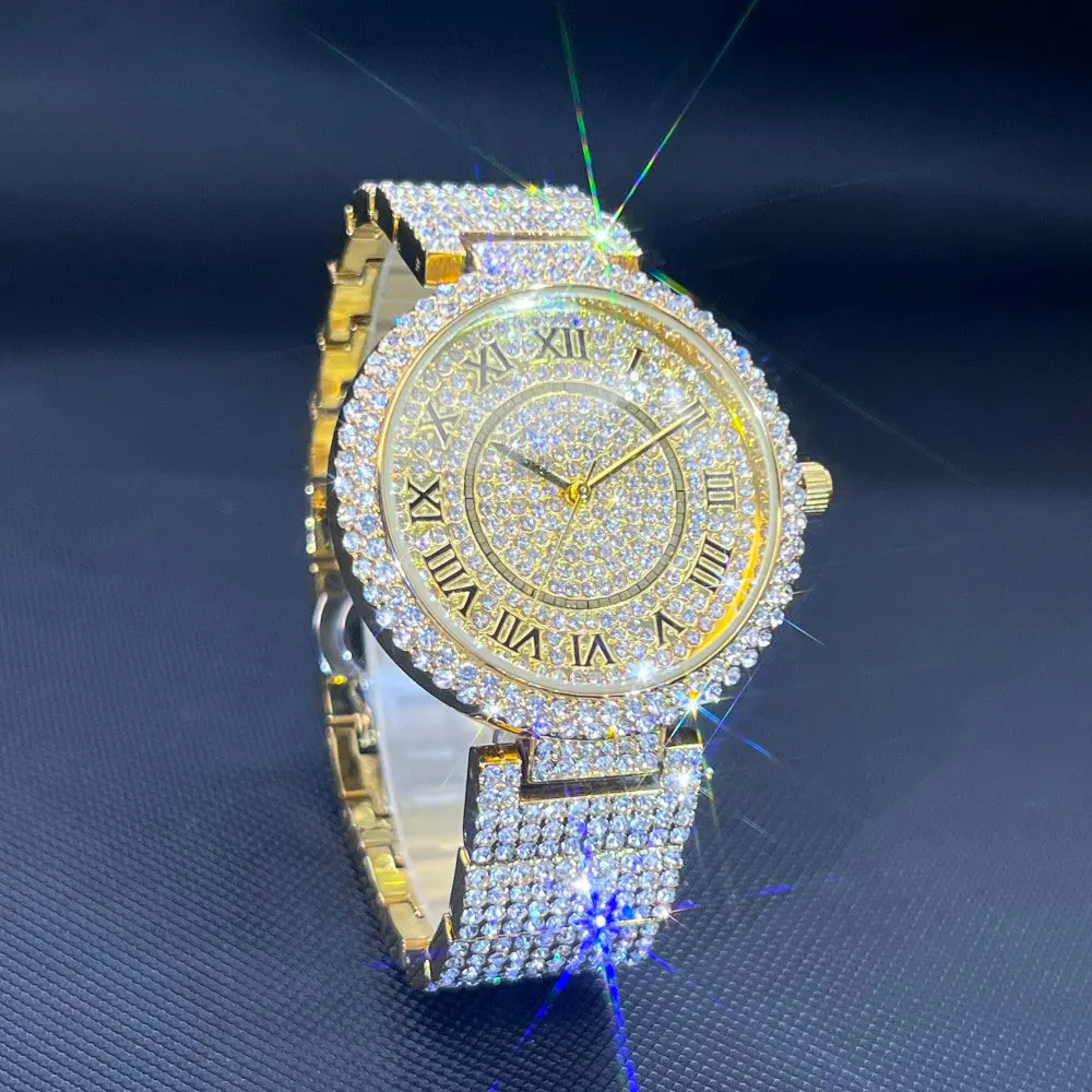 Luxury Bling Fully Diamond Watch MISSFOX Gold Hip Hop Wristwatch Roman Numerals Dial Shiny Crystal Band Party Jewelry Gift