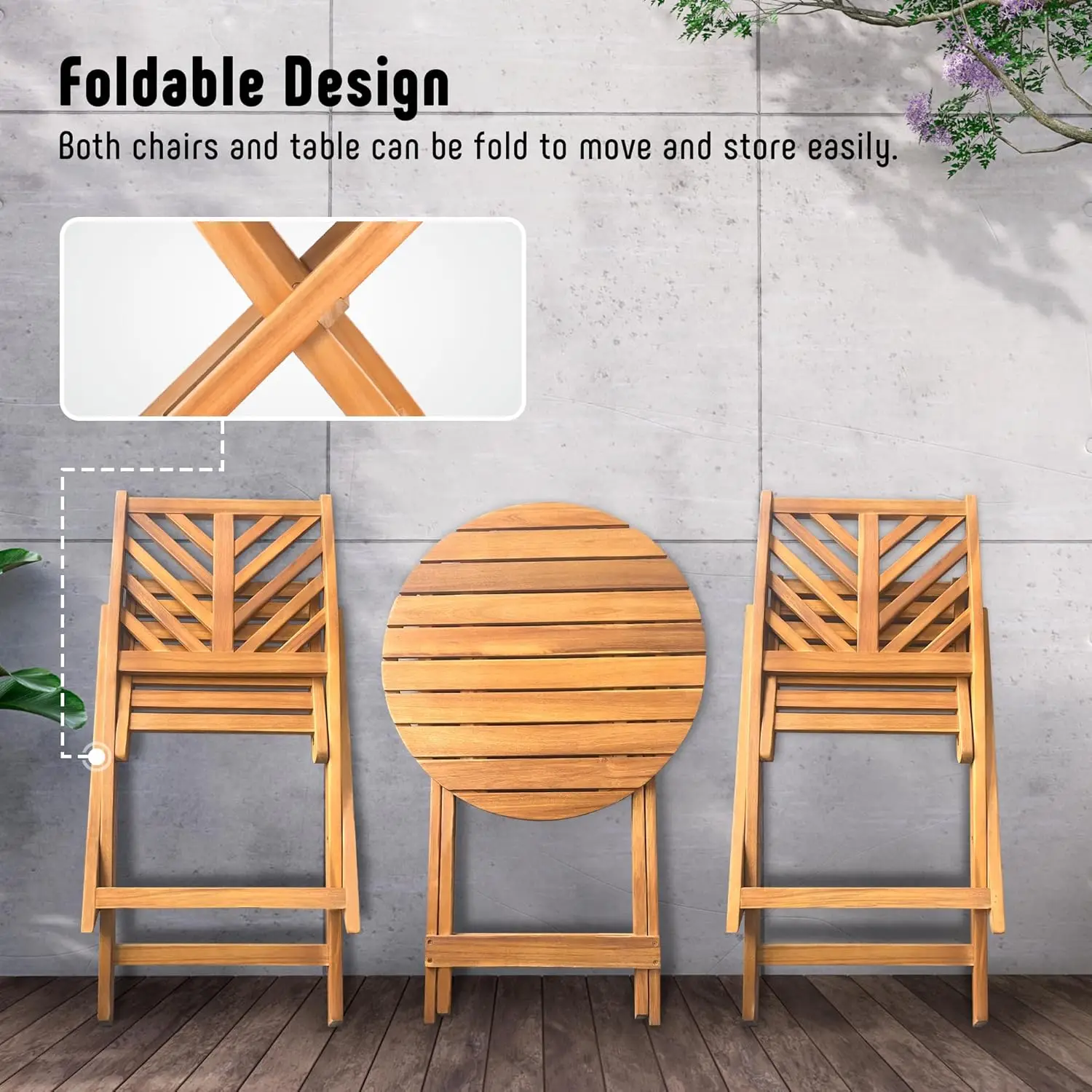 Foldable Acacia Wood Patio Set with Cushions, 2 Chairs and Table for Balcony or Porch