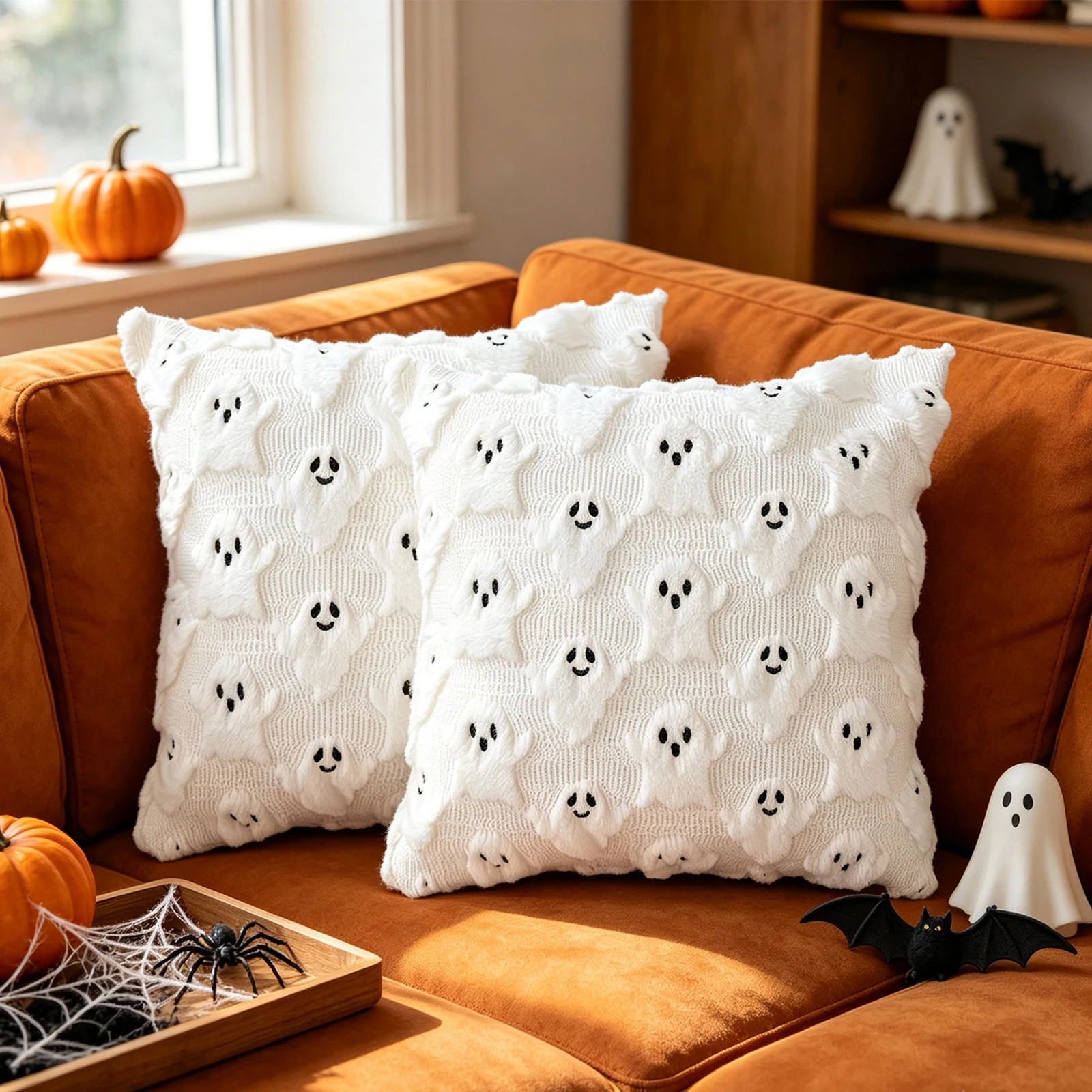 Plush 3D Ghost Halloween Cushion Cover Faux Fur 18x18 Raised Design Hidden Zipper Sofa Throw Pillow Case