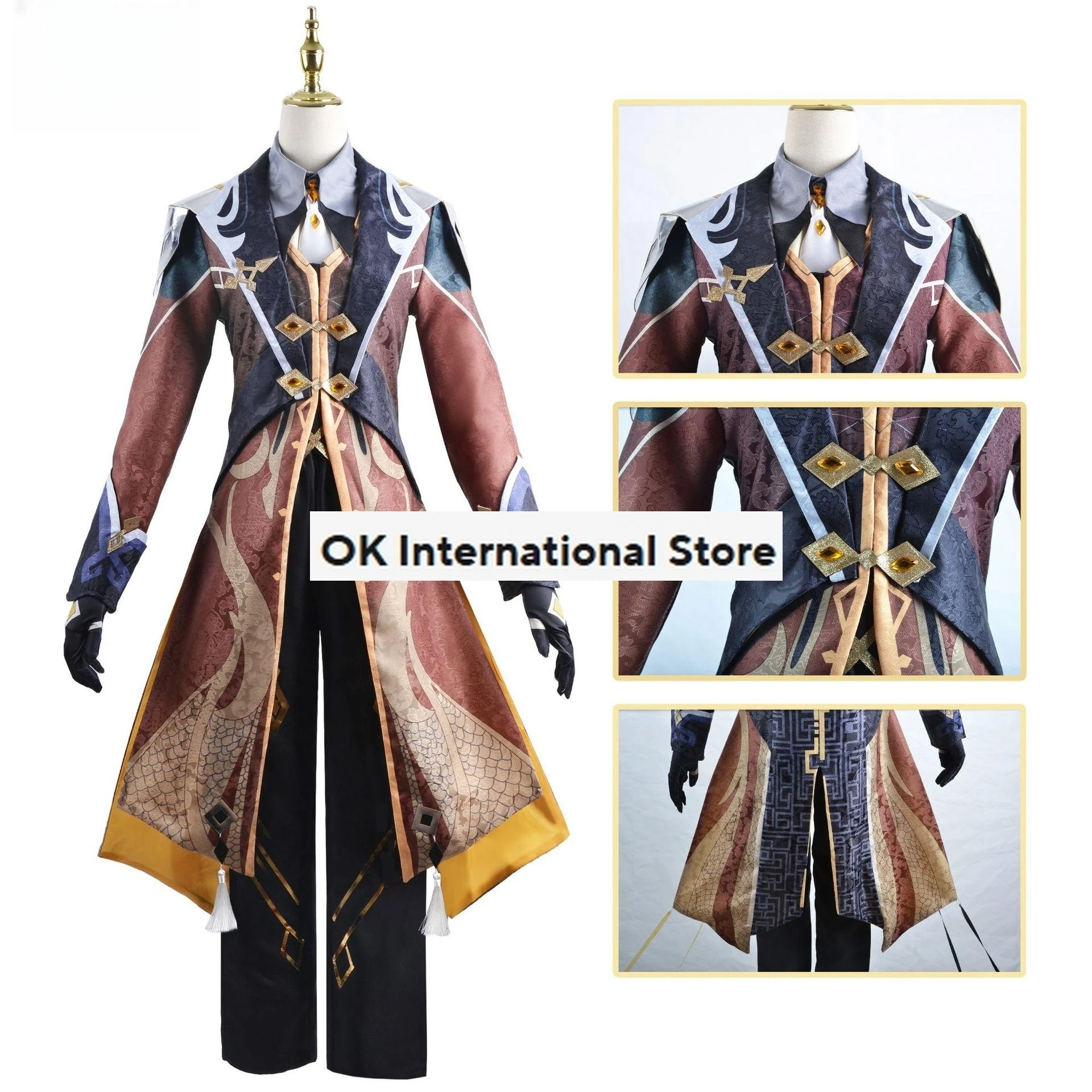 Game Genshin Impact Zhongli Cosplay Costume Full Wig Uniform Clock Li Clothing Anime Show Halloween Party Clothing